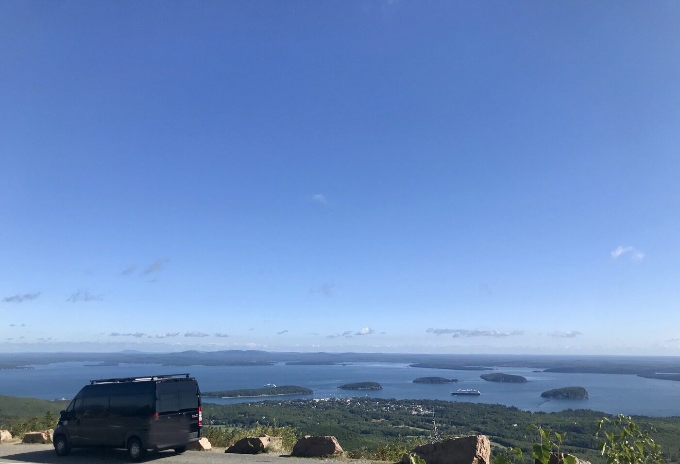Parked above the bay after a long climb
